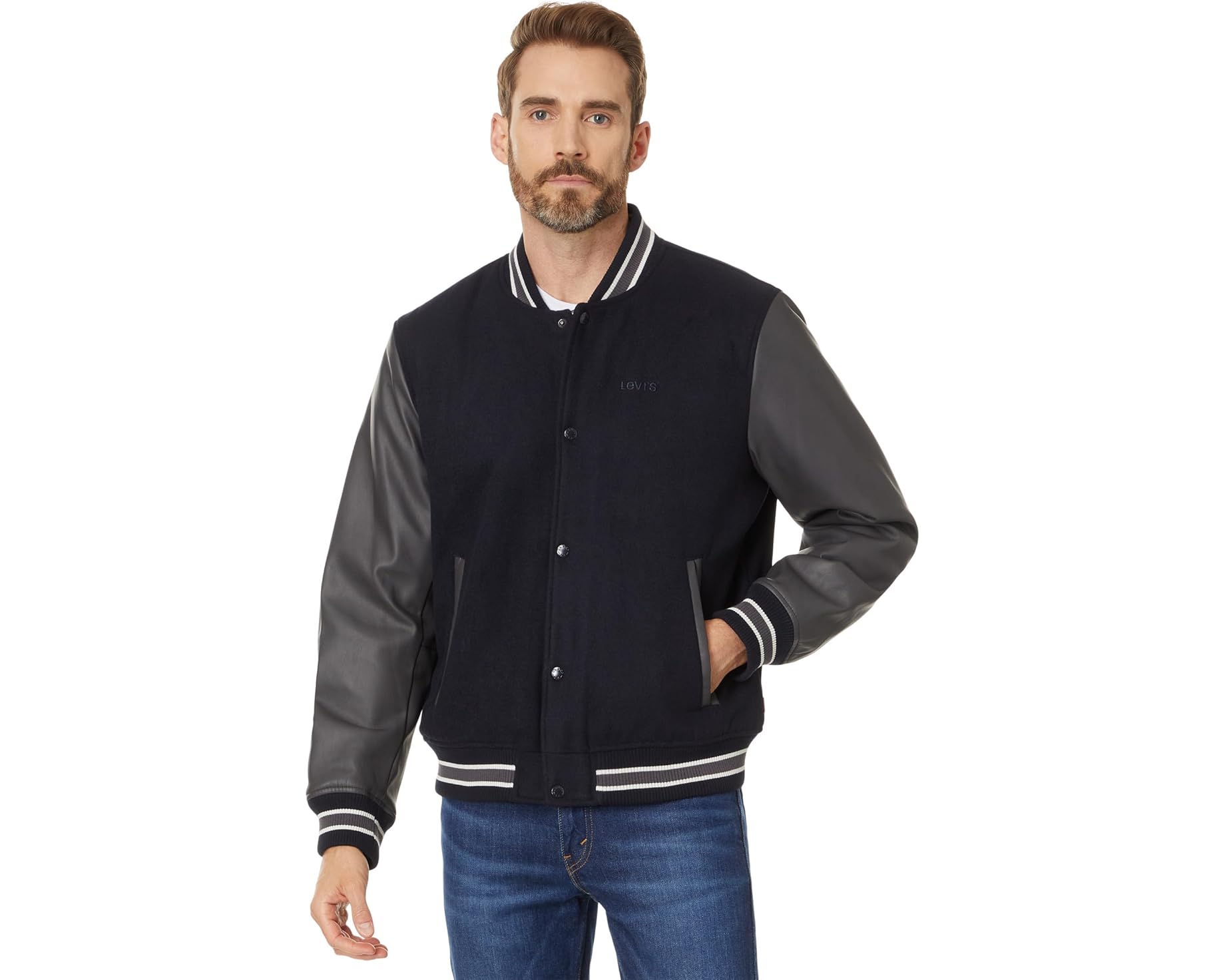 (取寄) メンズ ウール ブレンド ミックスド メディア バーシティ ジャケット Levi's men Wool Blend Mixed Media Varsity Jacket Navy Body/Grey Sleeves|ジェットラグ店