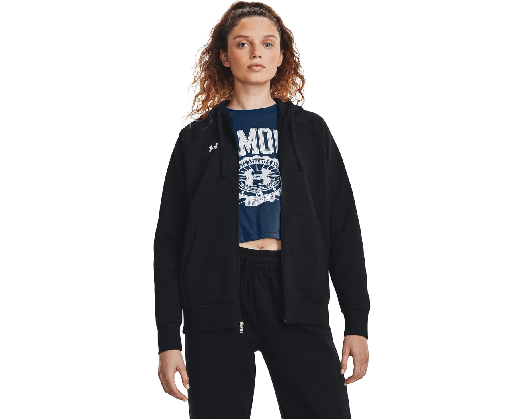 (取寄) アンダーアーマー レディース ライバル フリース フル ジップ ブーディ Under Armour women Rival Fleece Full Zip Hoodie Black/White 1｜ジェットラグ店