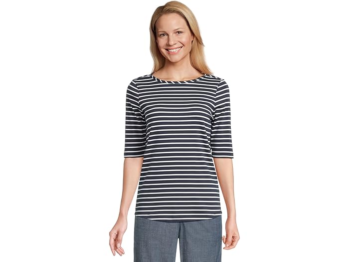 (取寄) エルエルビーン レディース ピマ コットン ティー ボートネック エルボー スリーブ ストライプ L.L.Bean women Pima Cotton Tee Boatneck Elbow Sleeve Stripe Raven Blue/White