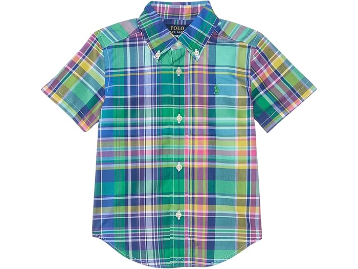 (取寄) ラルフローレン キッズ ボーイズ プレイド コットン ポプリン ショートスリーブ シャツ (トドラー/リトル キッド) Polo Ralph Lauren Kids boys Plaid Cotton Poplin Short-Sleeve Shirt (Toddler/Little Kid) B6755 Seafoam Blue Multi