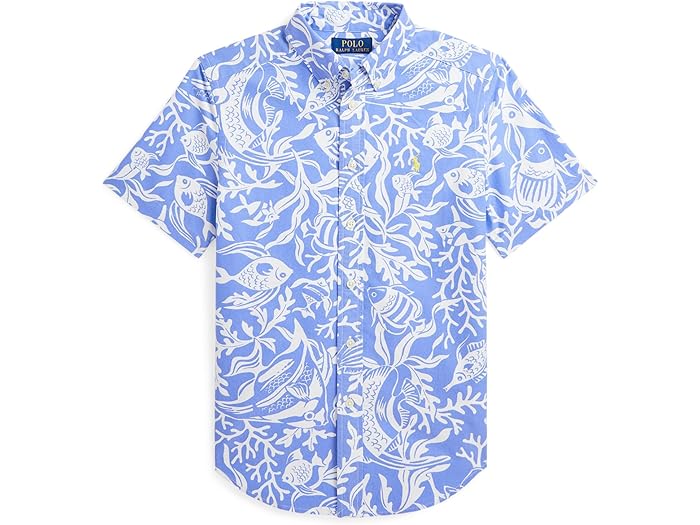 (取寄) ラルフローレン キッズ ボーイズ コットン ショート スリーブ シャツ (ビッグ キッド) Polo Ralph Lauren Kids boys Sea-Print Cotton Short Sleeve Shirt (Big Kid) Fish Coral/Light Blue