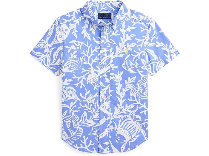 (取寄) ラルフローレン キッズ ボーイズ コットン ショート スリーブ シャツ (トドラー/リトル キッド) Polo Ralph Lauren Kids boys Sea-print Cotton Short Sleeve Shirt (Toddler/Little Kid) Fish Coral/Light Blue
