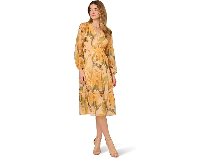 (取寄) アドリアナ パぺル レディース フローラル オーガンザ ミディ ドレス Adrianna Papell women Floral Organza Midi Dress Ecru/Yellow Multi