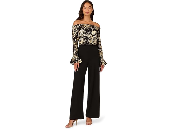 (取寄) アドリアナ パぺル レディース レース アンド クレープ ジャンプスーツ Adrianna Papell women Lace and Crepe Jumpsuit Black/Gold 19,397円