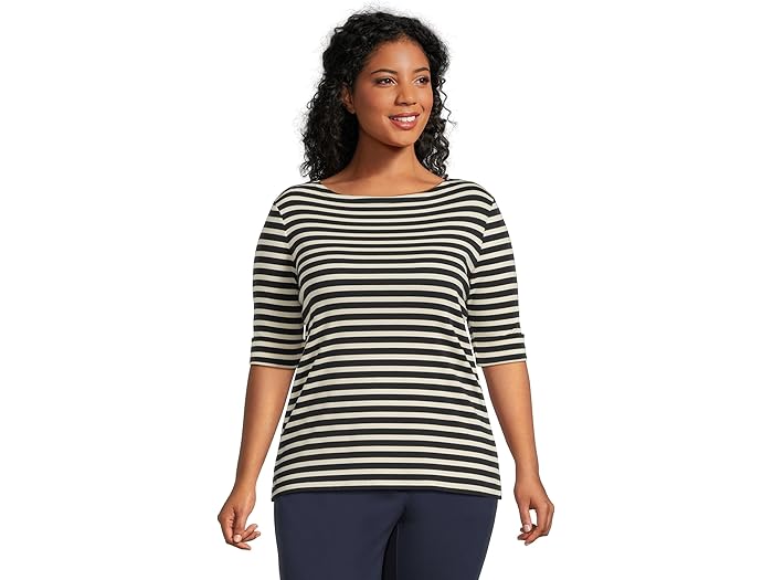 (取寄) ローレン ラルフローレン レディース プラス サイズ ストライプド ストレッチ コットン ボートネック ティー Lauren Ralph Lauren women Plus Size Striped Stretch Cotton Boatneck Tee Lauren Navy/Mascarpone Cream