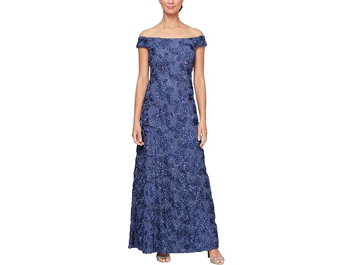 (取寄) アレックス イブニングス レディース オフ-ザ-ショルダー ロング ロゼット レース A-ライン ドレス Alex Evenings women Off-the-Shoulder Long Rosette Lace A-Line Dress Violet