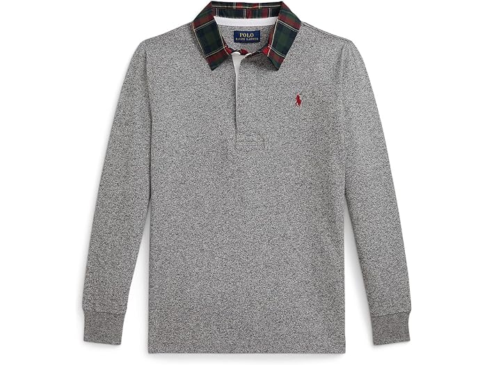 (取寄) ラルフローレン キッズ ボーイズ コットン ジャージ ラグビー シャツ (トドラー/リトル キッド) Polo Ralph Lauren Kids boys Plaid-Collar Cotton Jersey Rugby Shirt (Toddler/Little Kid) Collegiate Heather/Trophy Cream