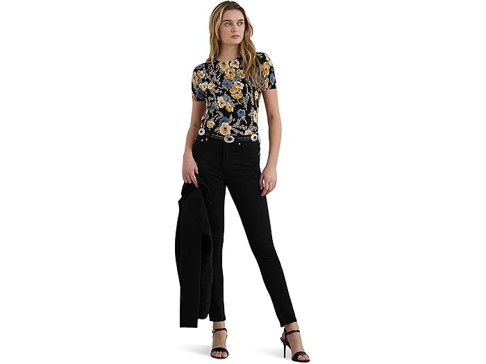 (取寄) ローレン ラルフローレン レディース ピティート フローラル コットンブレンド ショートスリーブ セーター Lauren Ralph Lauren women Petite Floral Cotton-Blend Short-Sleeve Sweater Black Multi 22,148円