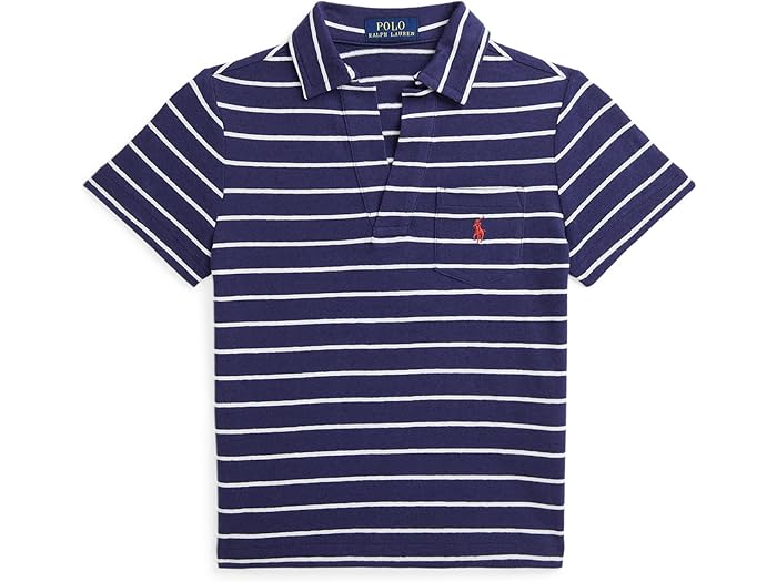 (取寄) ラルフローレン キッズ ボーイズ ストライプド コットン-リネン ポロ シャツ (トドラー/リトル キッド) Polo Ralph Lauren Kids boys Striped Cotton-linen Polo Shirt (Toddler/Little Kid) Boathouse Navy/Deckwash White