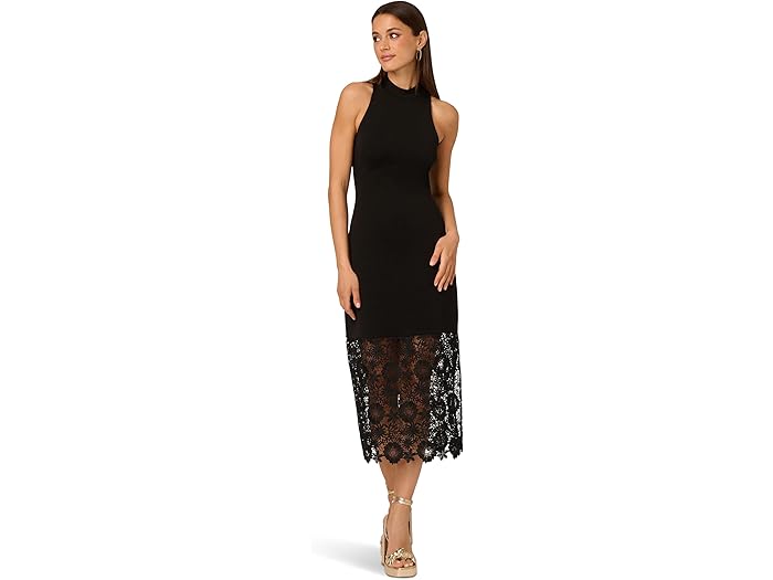 (取寄) アドリアナ パぺル レディース ニット ミディ ドレス レース ヘム Adrianna Papell women Knit Midi Dress Lace Hem Black