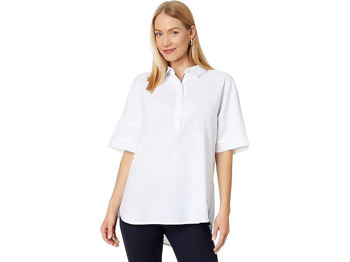 (取寄) トミーヒルフィガー レディース ショート スリーブ リネン シャツ Tommy Hilfiger women Short Sleeve Linen Shirt Bright White