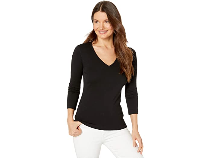 (取寄) リラ P レディース 1X1 リブ 3/4 スリーブ V-ネック トップ Lilla P women 1x1 Rib 3/4 Sleeve V-Neck Top Black