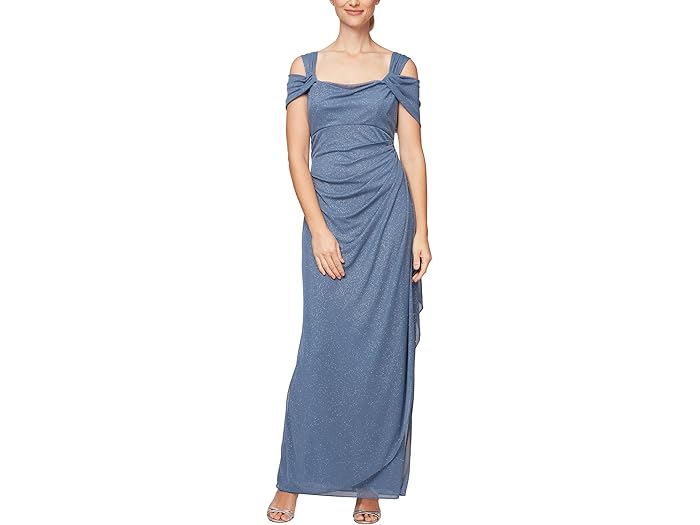 (取寄) アレックス イブニングス レディース ロング グリッター メッシュ コールド ショルダー ドレス Alex Evenings women Long Glitter Mesh Cold Shoulder Dress Dusty Blue