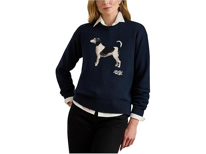 (取寄) ローレン ラルフローレン レディース ピティート インターシャ-ニット ゴールデン レトリバー セーター Lauren Ralph Lauren women Petite Intarsia-Knit Golden Retriever Sweater Lauren Navy