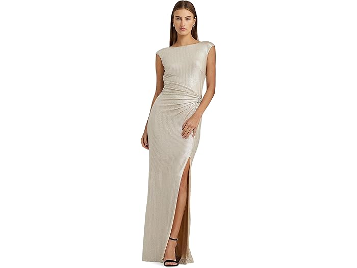 (取寄) ローレン ラルフローレン レディース メタリック スリーブレス ガウン Lauren Ralph Lauren women Metallic Sleeveless Gown Champagne/Silver