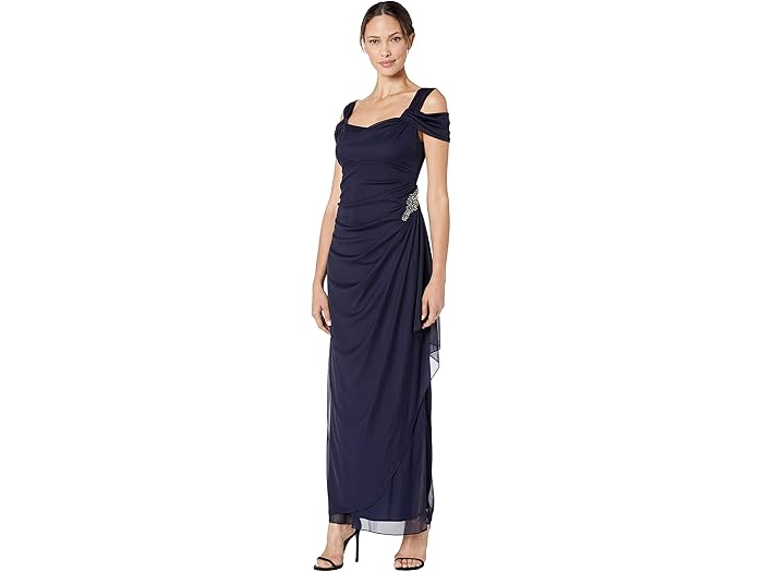 (取寄) アレックス イブニングス レディース ロング コールド ショルダー ドレス ウィズ カウル ネックライン Alex Evenings women Long Cold Shoulder Dress with Cowl Neckline Navy