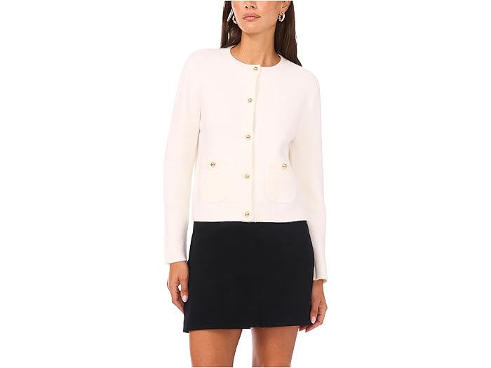 (取寄) ヴィンスカムート レディース ロング スリーブ カーディガン ウィズ パッチ ポケッツ Vince Camuto women Long Sleeve Cardigan with Patch Pockets Antique White