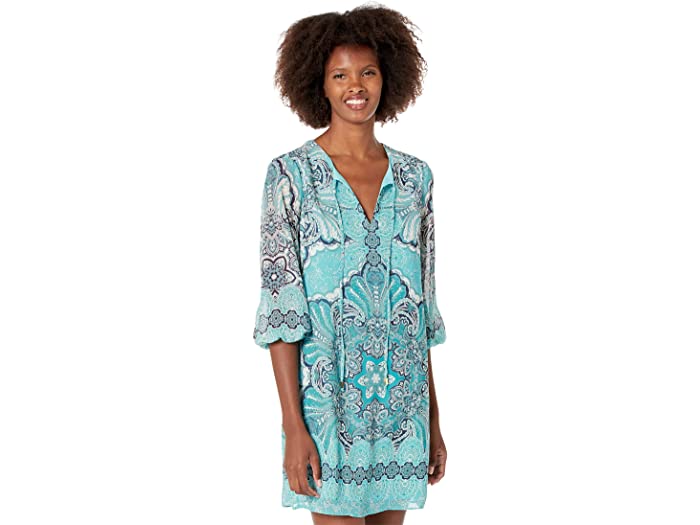 (取寄) ヴィンスカムート プリンテッド シフォン タイ ネック バルーン スリーブ フロート Vince Camuto Printed Chiffon Tie Neck Balloon Sleeve Float Turquoise