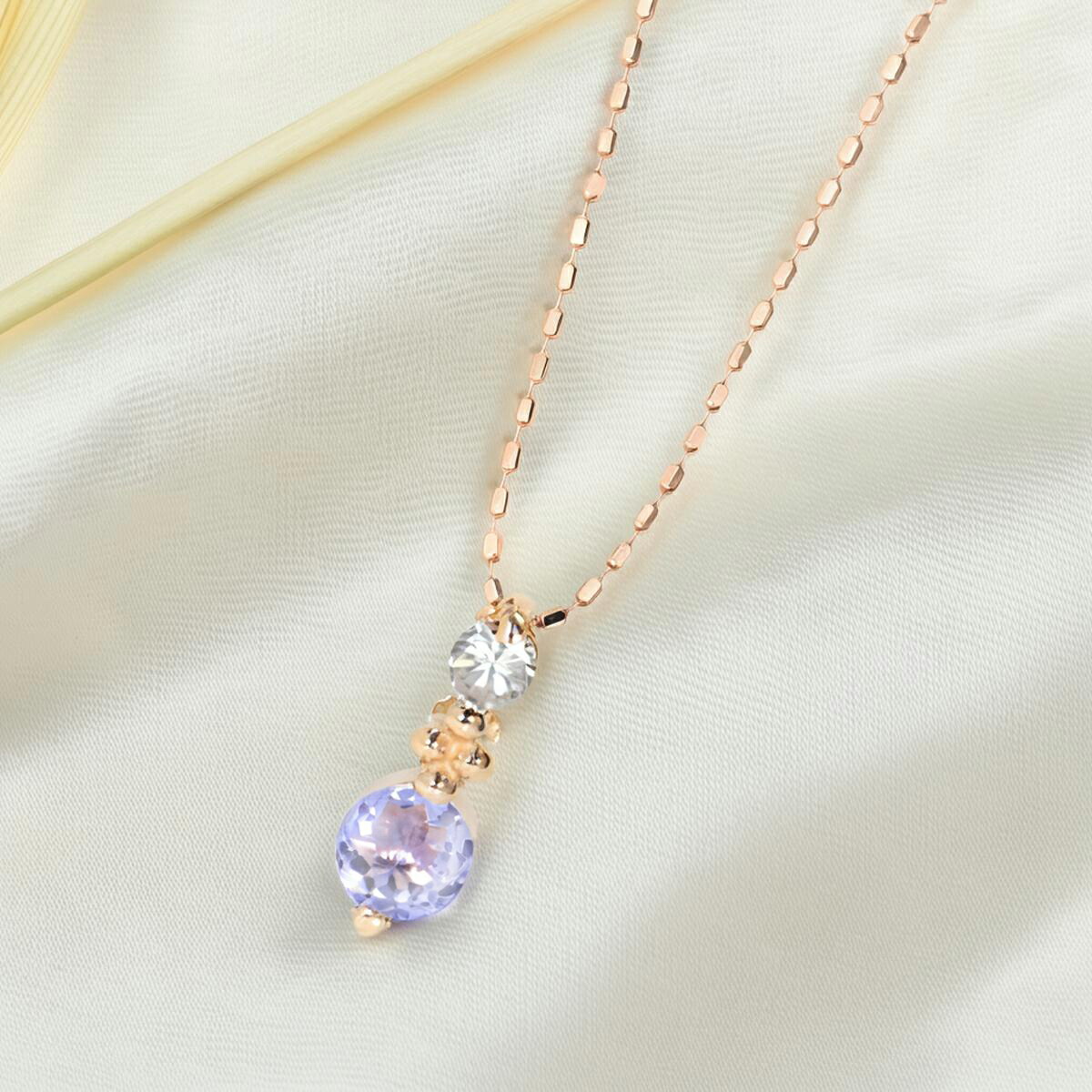 タンザナイト ネックレス K10 ピンクゴールド 送料無料 誕生石 12月 ツイン＆フラワー キュービック ダイヤモンド 激安 数量限定品 fourm クリスマス 母の日 レディース メンズ 男性 女性 ラッピング 包装 袋 誕生日 プレゼント 華奢 可愛い おしゃれ｜ペアリングと刻印の専門店 j-fourm