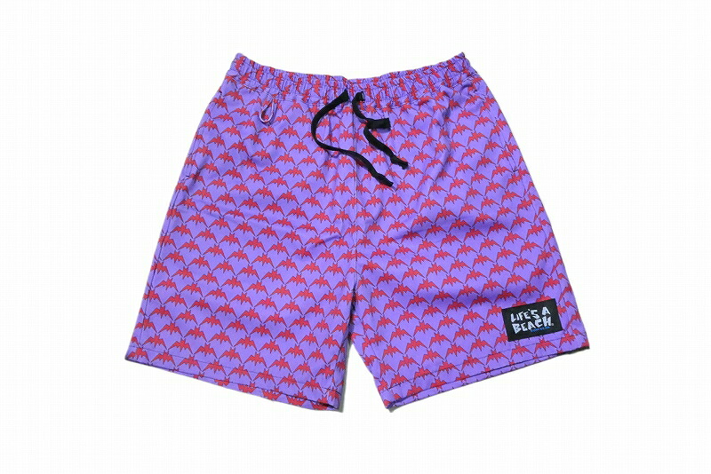 LIFE’S A BEACH ライフズアビーチ BAT SHORTS 野球バット 蚊食い鳥 総柄 たわい無い さる股引き 二分の一ズボン下 PURPLE/RED パープル/赤いこと