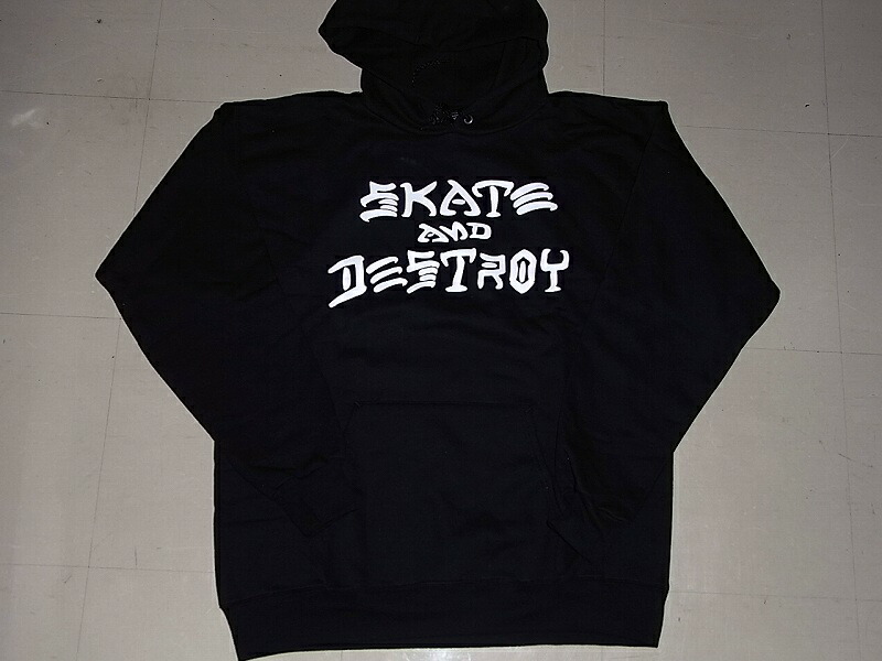 USA直輸入 THRASHER スラッシャー SKATE\u0026DESTROY SADロゴ プルオーバーフードパーカー 黒x白