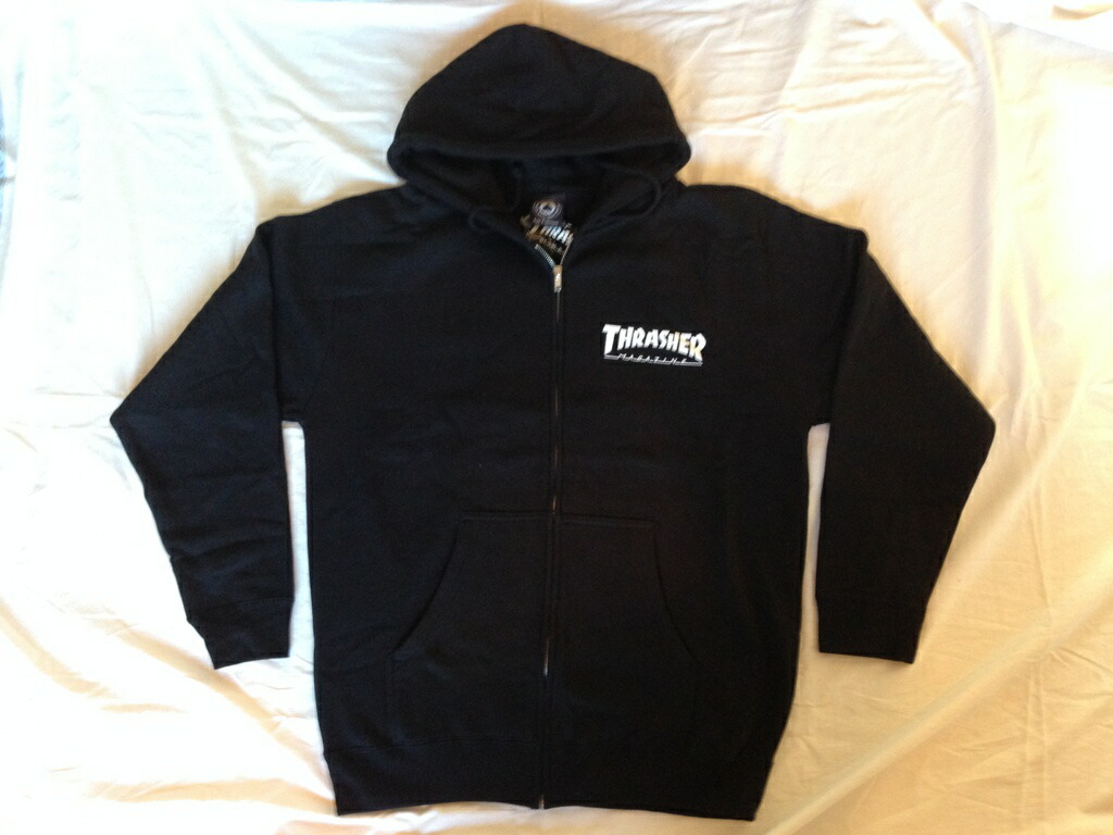 THRASHER スラッシャー MAGAZINE マガジンロゴプリント ZIP ジップフード スウェット パーカー 黒x白