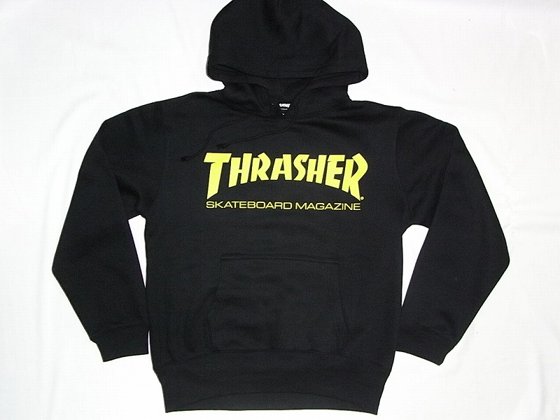 JONNYBEEジョニービー別注！THRASHER スラッシャー MAGAZINE 週刊誌ロゴタイプ プルオーバーフーディー パーカー 黒x黄 黒いことx黄色