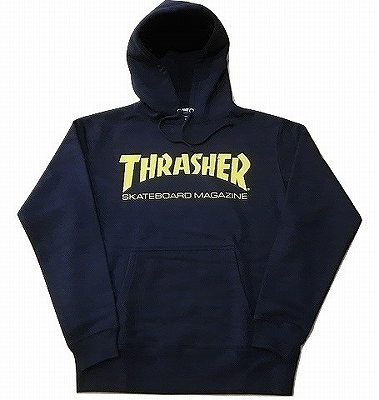 THRASHER スラッシャー MAG LOGO MAGAZINE 週刊誌ロゴタイプ プルオーバーフードスウェット フーディー パーカー 紺x黄 米国海軍x黄色