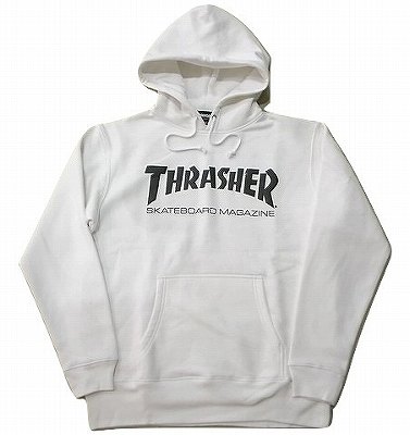 THRASHER スラッシャー MAG LOGO 週刊誌ロゴタイプ プルオーバーフードスウェット パーカー 白x黒 白いこと