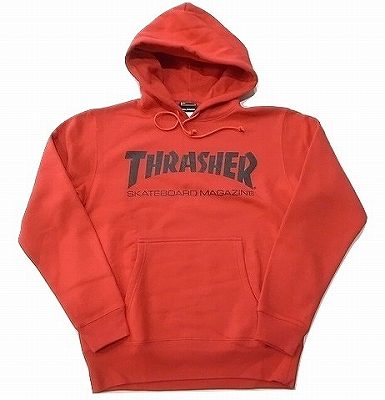 THRASHER スラッシャー MAG LOGO MAGAZINE 週刊誌ロゴタイプ プルオーバーフードスウェット フーディー パーカー 赤x黒 赤いこと