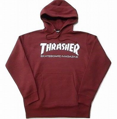 THRASHER スラッシャー MAG LOGO MAGAZINE 週刊誌ロゴタイプ プルオーバーフードスウェット フーディー パーカー バーガンディー