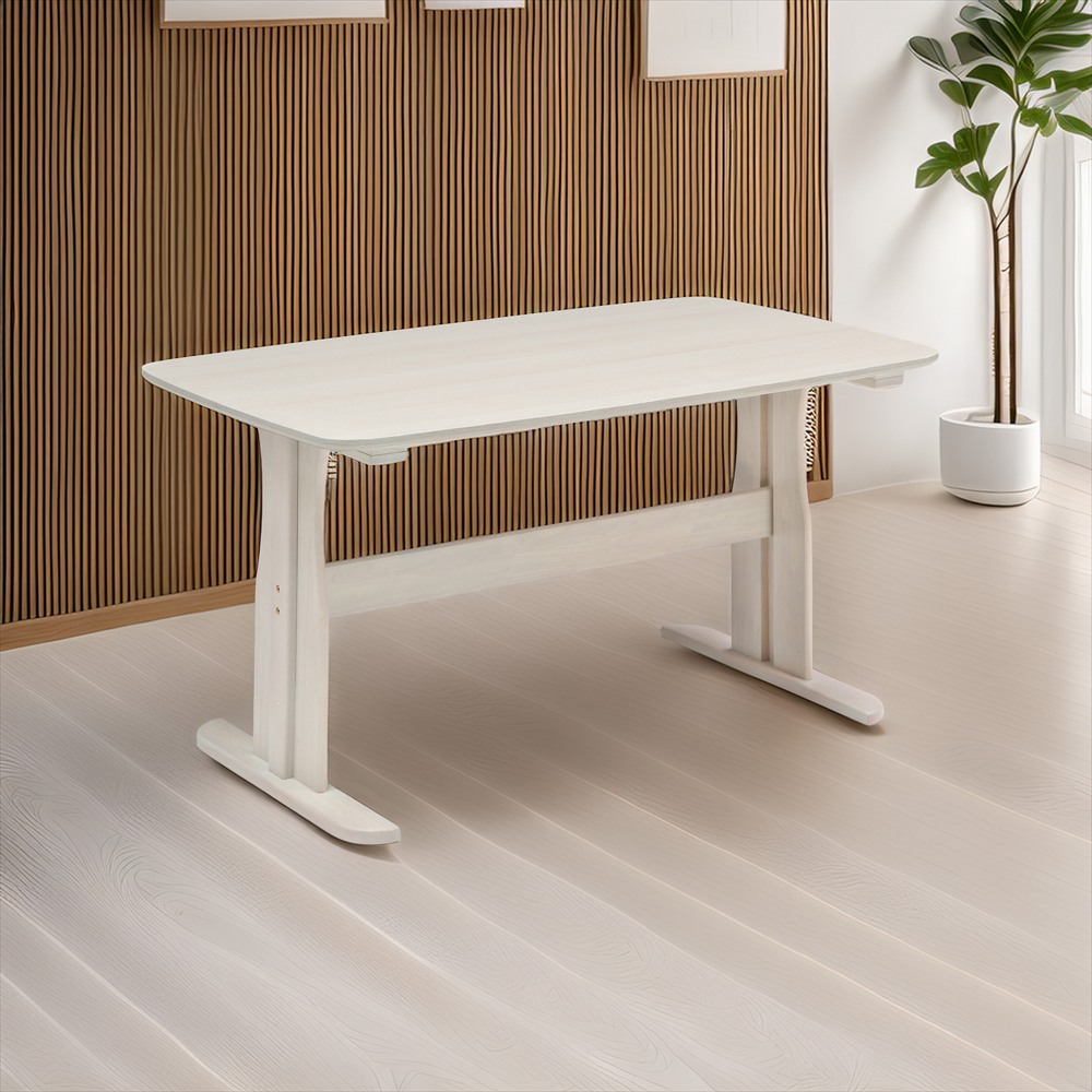 ダイニングテーブル 135cm 単品 ホワイト ベージュ メラミン天板 ダイニング家具 アースカラー フェミニン ナチュラルインテリア 北欧テイスト ラバーウッド脚 食卓テーブル 4人用 2人用 コンパクトサイズ 省スペース対応 傷に強い 汚れに強い 耐久性 お手入れ簡単 上品｜ジャンブルファニチャ（家具通販）