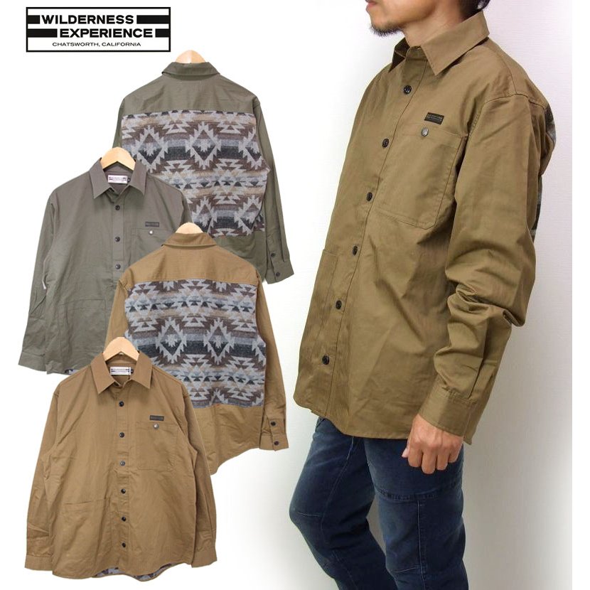 ネイティブシャツ メンズ 長袖シャツ 背中のネイティブ柄別布がオシャレなシャツ WILDERNESS  Back native pocket shirt 新作 WD22AW-13 大きなポケット付  ゆったりめシルエット+アウトドア感ありBIGポケット 832301