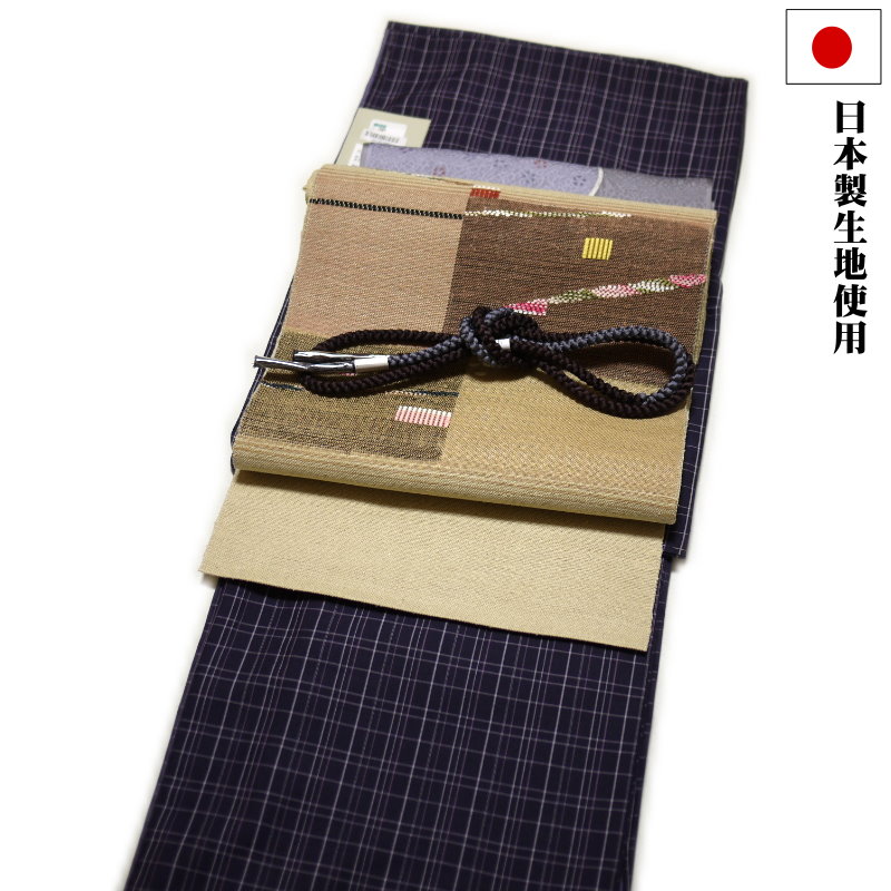 着物セット 正絹 紬小紋と正絹帯４点セット（袷：フリー：紫地に格子柄）三代目市三郎雅生紬會 着物セット 名古屋帯 小紋 紬 帯揚げ 帯締め 正絹 お正月 初詣 デート 52,800円
