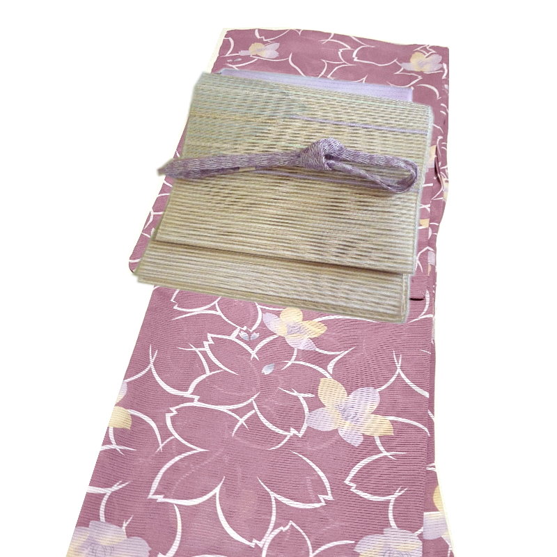 プラチナ着物セット 夏用4点 洗える小紋と正絹夏帯（絽：パープルピンク系：花柄：M寸）着物 レディース 女性 プレタ 洗える 小紋 仕立て上がり
