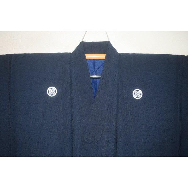 シルク化繊丹後縮緬お召調 色紋付き男着物袷 裄71丈146К藍色 新品 家紋選べます
