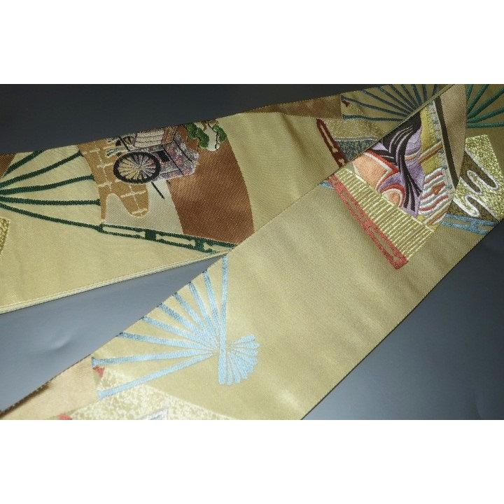 男角帯 本絹西陣錦織 К沈金色地金襴・御所解き扇面平安絵巻文様 金属糸使用 別誂え