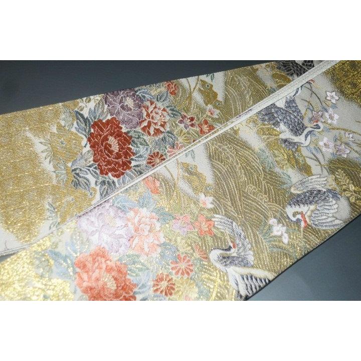 男角帯 本絹西陣錦織 К金襴・御所解き鶴に百花繚乱 おめでたい 金属糸使用 別誂え