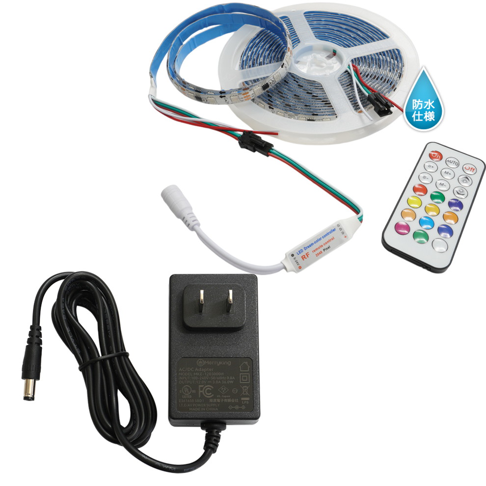 流れるLEDテープライト 防水 RGB 12V 5m 白ベース RFリモコン付き 5050SMD 366モード搭載+3A アダプターセット