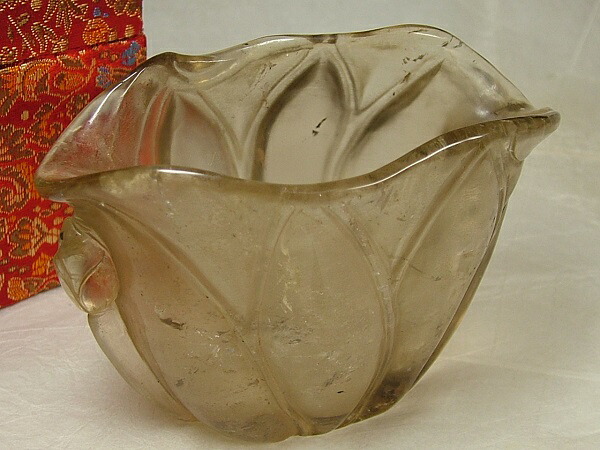 ■龍香堂■☆【未使用古物】茶水晶製蓮葉花瓶１１０ｍｍ