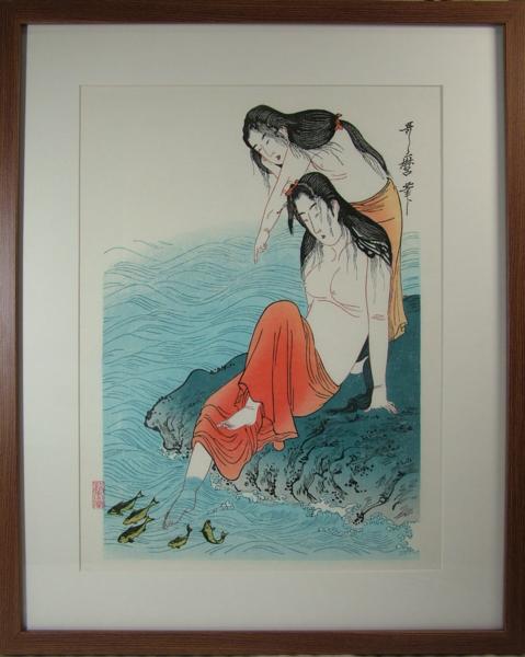 歌麿　三枚続が2組　浮世絵木版画　「あわびとり」「針仕事」 歌麿｢あわびとり【復刻版】｣ | 山田書店美術部オンラインストア