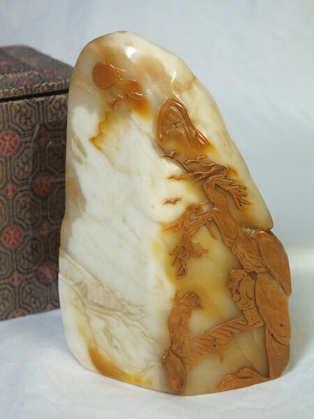 ■龍香堂■☆田黄石(田白、金包銀)彫入置物90mm|龍香堂