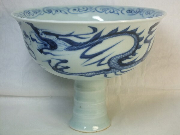 ■龍香堂■☆【中国骨董品】青花龍紋高足鉢１３４ｍｍ