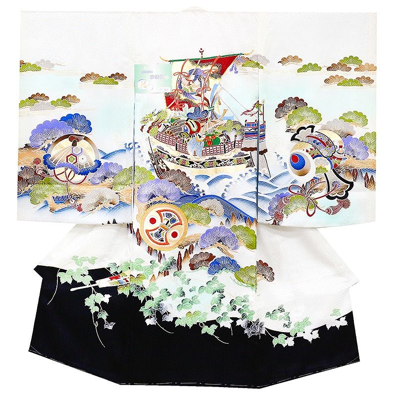 ※記念感謝祭☆送料無料☆京都友禅、刺繍、金彩仕様☆お宝尽し大将船に祝い大王松文白地特撰ボカシ仕様☆お祝着