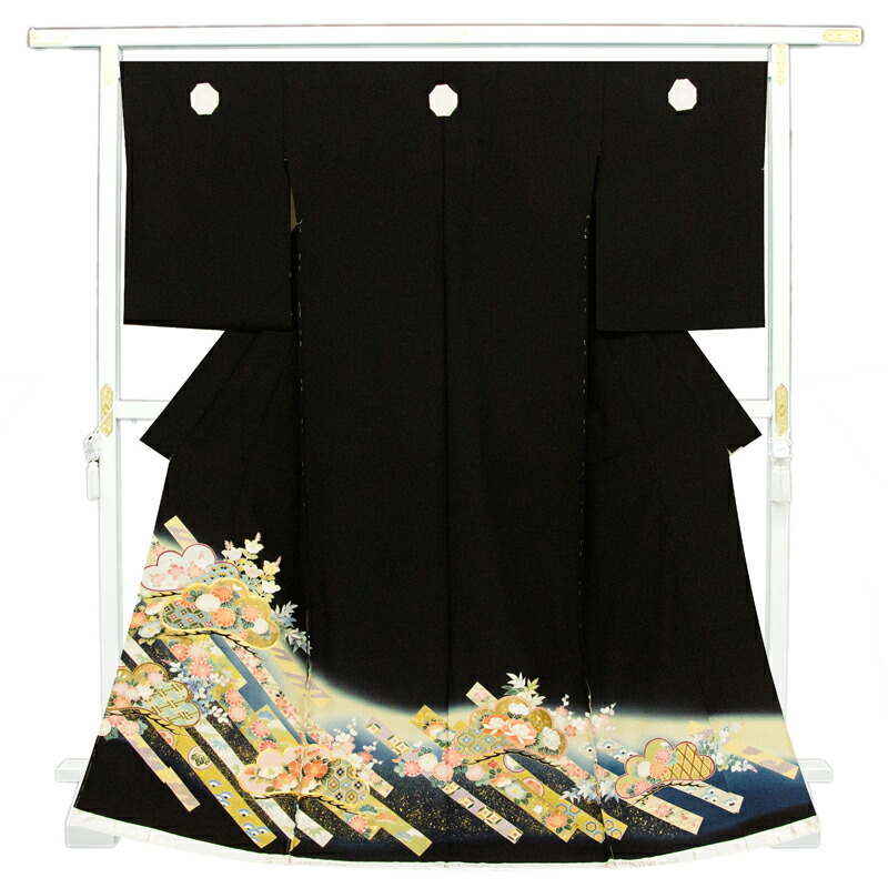 ※記念感謝祭☆仕立無料・送料無料☆京友禅伝統工芸手描き、金彩、刺繍入礼装黒留袖☆琳派花工芸松に祝い熨斗文図