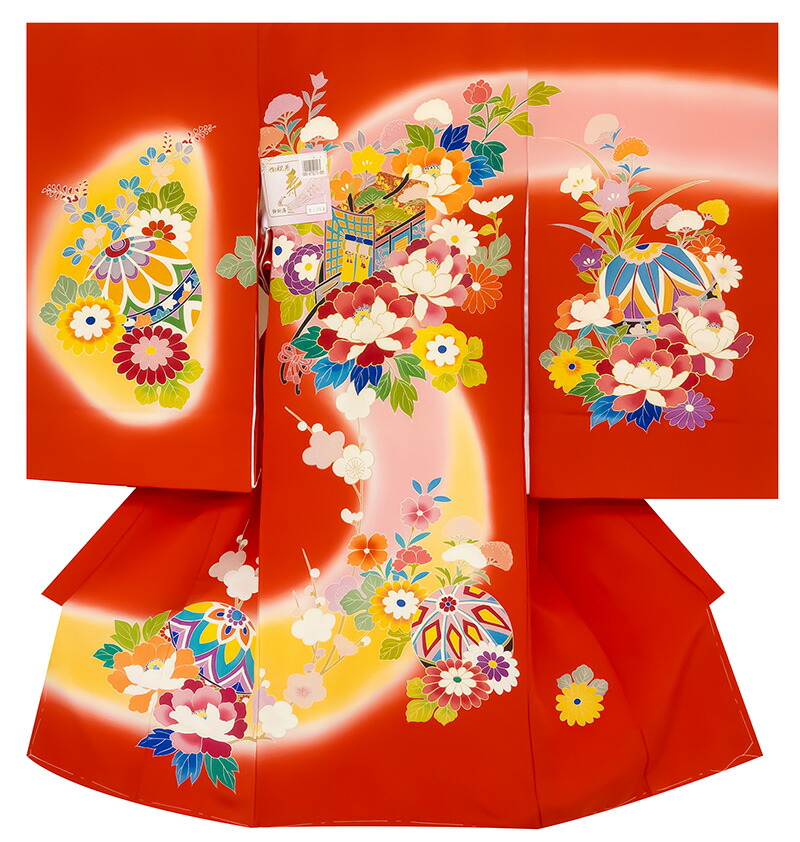 ※記念感謝祭☆送料無料☆手描き美術染、本金特撰染、新品正絹産着（お祝着）純古典四季花宮廷花車文（しつけ糸付）