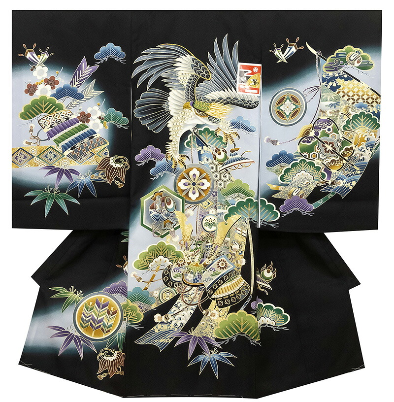 ※記念感謝祭☆無料☆京友禅特撰染、豪華刺繍入り☆大鷹に大将カブト、大王松、ボカシ友禅☆お祝着