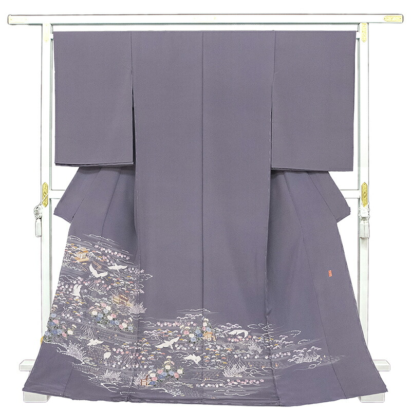 色留袖 本場加賀友禅【鶴見保次】松竹に橘 正絹 灰薄青色 一つ紋 袷着物 広衿 色留袖 本場加賀友禅【鶴見保次】松竹に橘 正絹 灰薄青色 一つ紋 袷