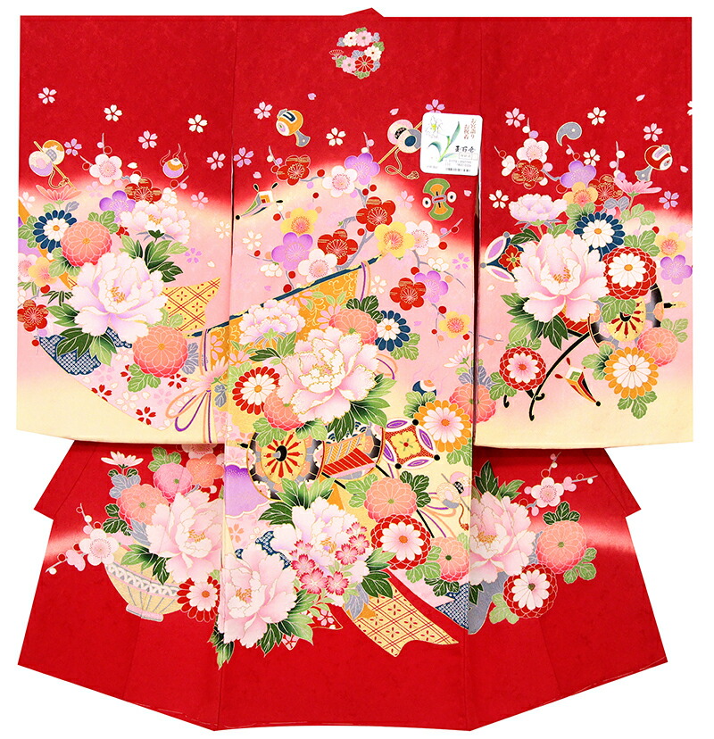 ※記念感謝祭☆送料無料☆京友禅本加工美術染、本金刺繍入、新品正絹産着（お祝着）純古典四季花車、熨斗、宝尽し宮廷文（花かざり紋入）