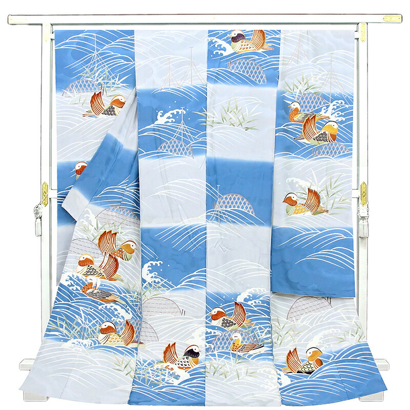 ※祝する有りがたさ祭☆仕立てもの無料・貨物輸送無料☆京友禅言い慣わし芸術墨付き芸術白上がり友禅多色染市松に波と鴛鴦図ボカシ特撰雅びやか染振袖